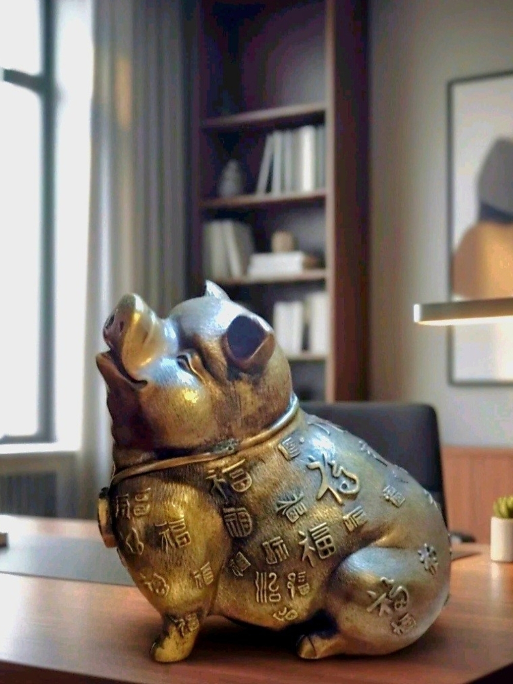 Antique Traditional Chinese Feng Shui brass pig statue,"FU" Wealth Pig 6" Bronze